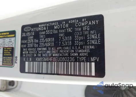 2014 Hyundai Santa Fe Gls from USA, damaged, VIN KM8SM4HF8EU080236